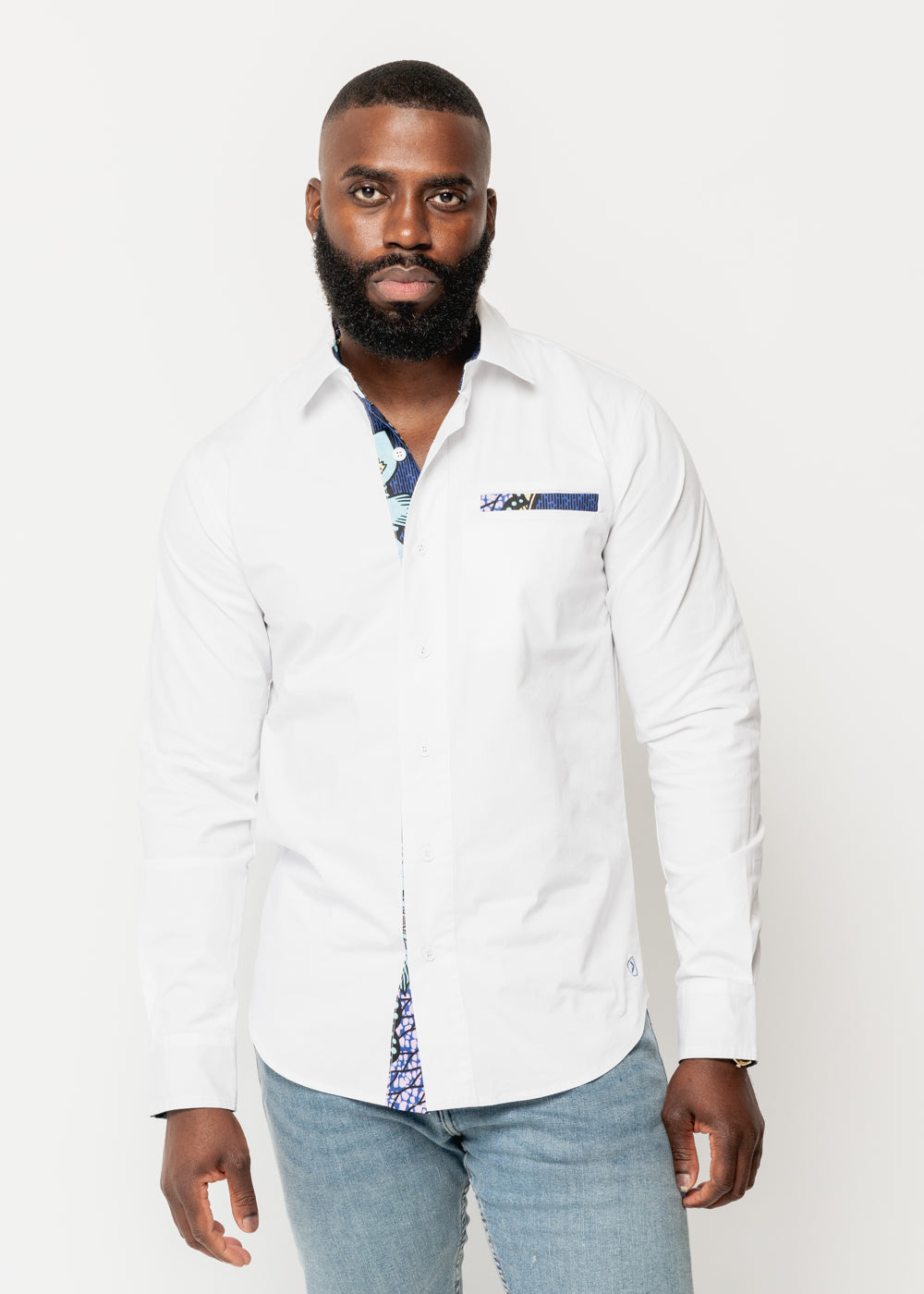 Obasi African Print Long Sleeve Button-Up Shirt (White/Light Blue Pink  Iris) | Black Owned Prime